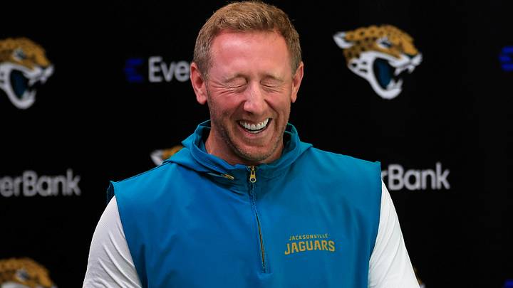 Jacksonville Jaguars head coach Liam Coen laughs with media members after speaking at the lectern during a press conference at the Miller Electric Center, Monday, April 20, 2026 in Jacksonville, Fla.