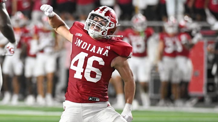 Indiana linebacker Isaiah Jones celebrates after a sack vs. Illinois on Sept. 20, 2025, at Memorial Stadium in Bloomington.