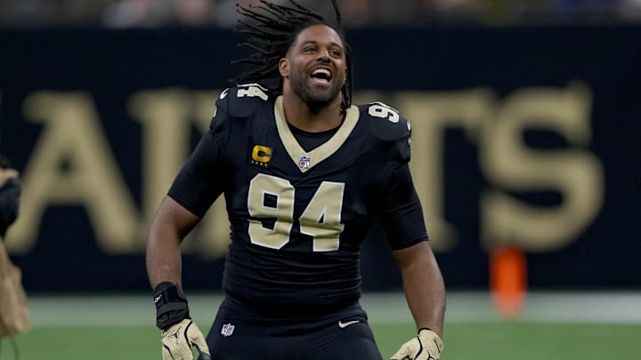 Dec 29, 2024; New Orleans, Louisiana, USA; New Orleans Saints defensive end Cameron Jordan (94) does the “Who Dat?” chant before a game against the Las Vegas Raiders at Caesars Superdome. Mandatory Credit: Matthew Hinton-Imagn Images