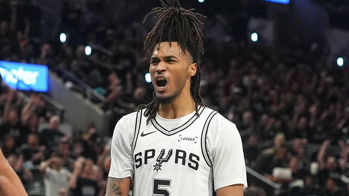 Apr 28, 2026; San Antonio, Texas, USA; San Antonio Spurs guard Stephon Castle (5) reacts after guard Dylan Harper (2) scored during the first half of game five of the first round of the 2026 NBA Playoffs against the Portland Trail Blazers at Frost Bank Center. Mandatory Credit: Scott Wachter-Imagn Images