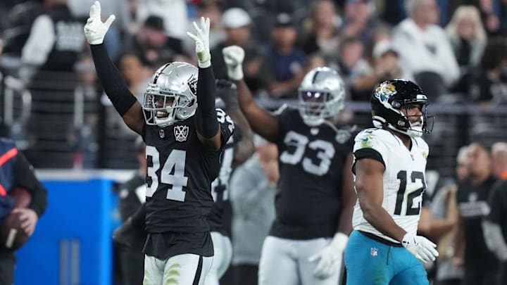 Dec 22, 2024; Paradise, Nevada, USA; Las Vegas Raiders safety Thomas Harper (34) celebrates in the fourth quarter against the Jacksonville Jaguars at Allegiant Stadium. Mandatory Credit: Kirby Lee-Imagn Images