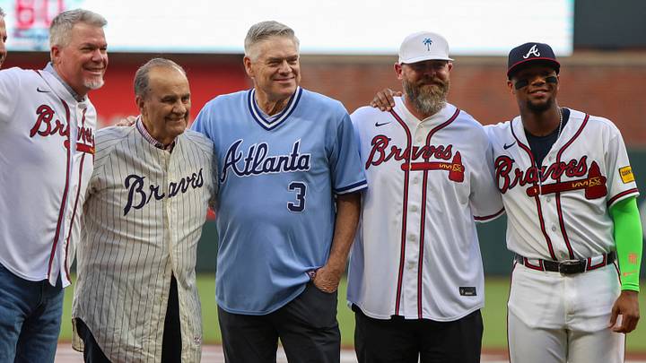 Mar 27, 2026; Atlanta, Georgia, USA; Atlanta Braves legends outfielder Ralph Garr and first baseman Sid Bream and third baseman Chipper Jones and catcher Joe Torre and outfielder Dale Murphy and catcher Brian McCann and right fielder Ronald Acuna Jr. (13) pose for a photo before a game against the Kansas City Royals on opening day at Truist Park. Mandatory Credit: Brett Davis-Imagn Images Mar 27, 2026; Atlanta, Georgia, USA; Atlanta Braves legends outfielder Ralph Garr and first baseman Sid Bream and third baseman Chipper Jones and catcher Joe Torre and outfielder Dale Murphy and catcher Brian McCann and right fielder Ronald Acuna Jr. (13) pose for a photo before a game against the Kansas City Royals on opening day at Truist Park. Mandatory Credit: Brett Davis-Imagn Images