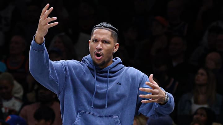 Mar 20, 2026; Brooklyn, New York, USA; New York Knicks guard Josh Hart (3) reacts during the second half against the Brooklyn Nets at Barclays Center. Mandatory Credit: Vincent Carchietta-Imagn Images