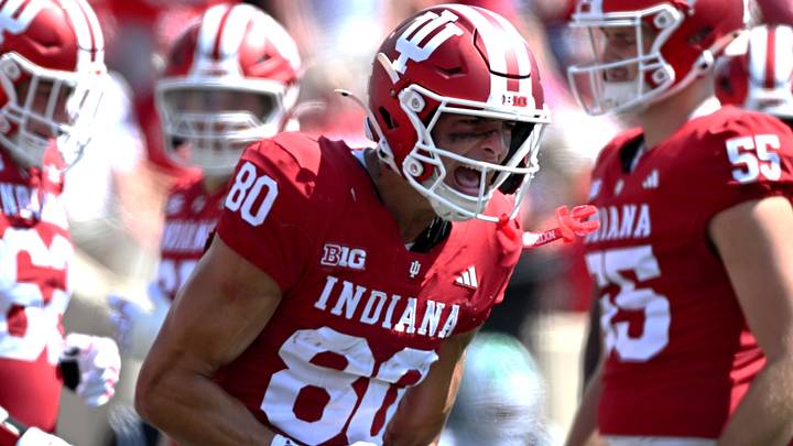 Indiana Hoosiers WR Charlie Becker reacts after catching a touchdown pass against the North Texas Mean Green. Indiana Hoosiers WR Charlie Becker reacts after catching a touchdown pass against the North Texas Mean Green.