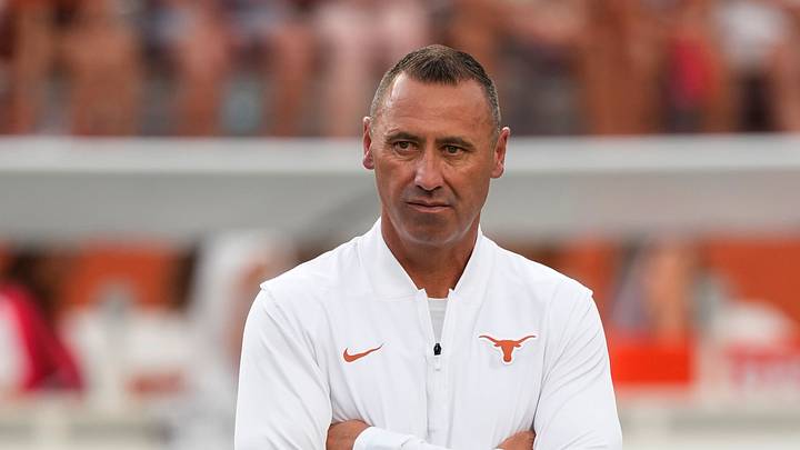Texas Longhorns head coach Steve Sarkisian watches his players warm up before a game against the Sam Houston State Bearkats at Darrell K Royal-Texas Memorial Stadium. Texas Longhorns head coach Steve Sarkisian watches his players warm up before a game against the Sam Houston State Bearkats at Darrell K Royal-Texas Memorial Stadium.