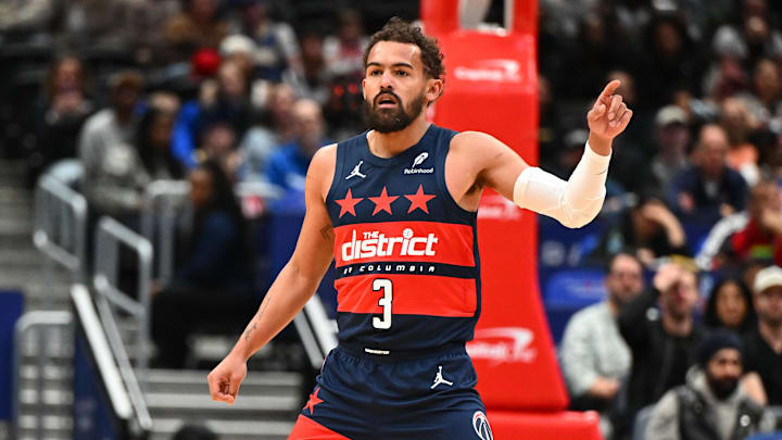 Mar 16, 2026; Washington, District of Columbia, USA; Washington Wizards guard Trae Young (3) on the court against the Golden State Warriors during the first half at Capital One Arena. Mandatory Credit: Brad Mills-Imagn Images