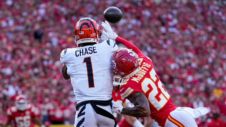 Kansas City Chiefs cornerback Trent McDuffie (22) breaks up a pass intended for Cincinnati Bengals wide receiver Ja'Marr Chase (1) in the first quarter of the NFL Week 2 game between the Kansas City Chiefs and the Cincinnati Bengals at Arrowhead Stadium in Kansas City on Sunday, Sept. 15, 2024. The Bengals led 16-10 at halftime.