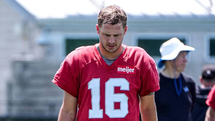 Detroit Lions quarterback Jared Goff (16) walks off the field after practice during OTAs at Meijer Performance Center in Allen Park on Thursday, June 11, 2026. Detroit Lions quarterback Jared Goff (16) walks off the field after practice during OTAs at Meijer Performance Center in Allen Park on Thursday, June 11, 2026.