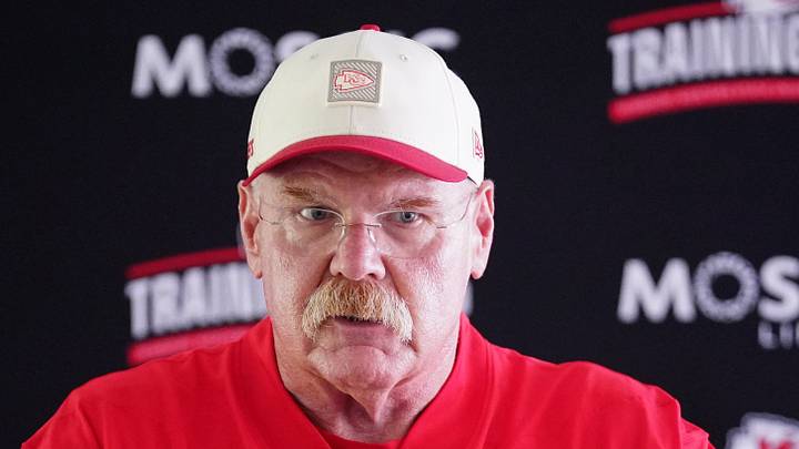 Jul 29, 2026; St. Joseph, MO, USA; Kansas City Chiefs head coach Andy Reid talks to media after training camp at Missouri Western State University. Mandatory Credit: Denny Medley-Imagn Images
