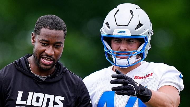 Detroit Lions linebackers coach Shaun Dion Hamilton, left, talks to linebacker Malcolm Rodriguez (44) at practice during mini camp at Meijer Performance Center in Allen Park on Wednesday, June 17, 2026. Detroit Lions linebackers coach Shaun Dion Hamilton, left, talks to linebacker Malcolm Rodriguez (44) at practice during mini camp at Meijer Performance Center in Allen Park on Wednesday, June 17, 2026.