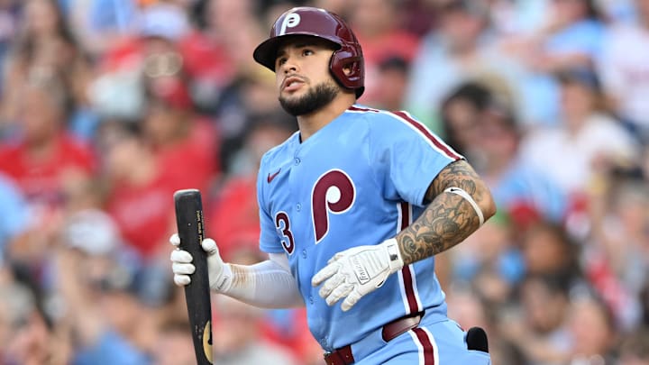 Jun 27, 2024; Philadelphia, Pennsylvania, USA; Philadelphia Phillies catcher Rafael Marchan (13) reacts after hitting a home run against the Miami Marlins in the fourth inning at Citizens Bank Park