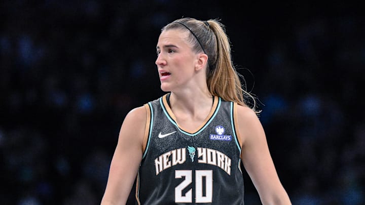 May 29, 2025; Brooklyn, New York, USA; New York Liberty guard Sabrina Ionescu (20) during the first half against the Golden State Valkyries at Barclays Center. Mandatory Credit: John Jones-Imagn Images