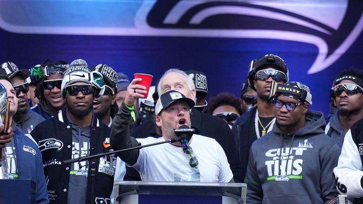 Feb 11, 2026; Seattle, WA, USA; Seattle Seahawks general manager John Schneider speaks during the Super Bowl LX trophy celebration at Lumen Field.