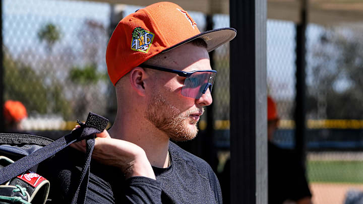Detroit Tigers outfielder Parker Meadows walks off the field after practice during spring training at TigerTown in Lakeland, Fla. on Friday, Feb. 13, 2026.