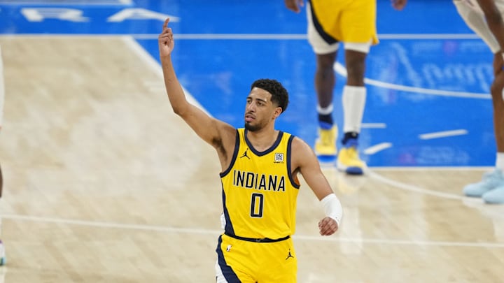 Indiana Pacers guard Tyrese Haliburton (0) reacts after a play against the Oklahoma City Thunder during the fourth quarter in game one of the 2025 NBA Finals at Paycom Center.