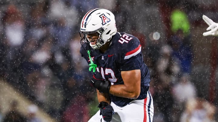 Oct 11, 2025; Tucson, Arizona, USA; Arizona Wildcats defensive back Jay’Vion Cole (8) and defensive lineman Dominic Lolesio (42) celebrate a block field goal attempted by the Brigham Young Cougars during the second quarter of the game at Arizona Stadium. Mandatory Credit: Aryanna Frank-Imagn Images Oct 11, 2025; Tucson, Arizona, USA; Arizona Wildcats defensive back Jay’Vion Cole (8) and defensive lineman Dominic Lolesio (42) celebrate a block field goal attempted by the Brigham Young Cougars during the second quarter of the game at Arizona Stadium. Mandatory Credit: Aryanna Frank-Imagn Images