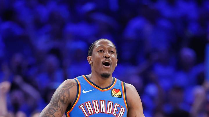 May 18, 2026; Oklahoma City, Oklahoma, USA; Oklahoma City Thunder forward Jalen Williams (8) reacts to a shot by  forward Luguentz Dort (5) in the third quarter against San Antonio Spurs during game one of the western conference finals for the 2026 NBA playoffs at Paycom Center. Mandatory Credit: Alonzo Adams-Imagn Images