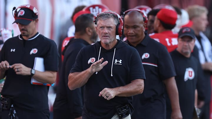 Utah Utes head coach Kyle Whittingham looks on during the second half against the Cal Poly Mustangs at Rice-Eccles Stadium.