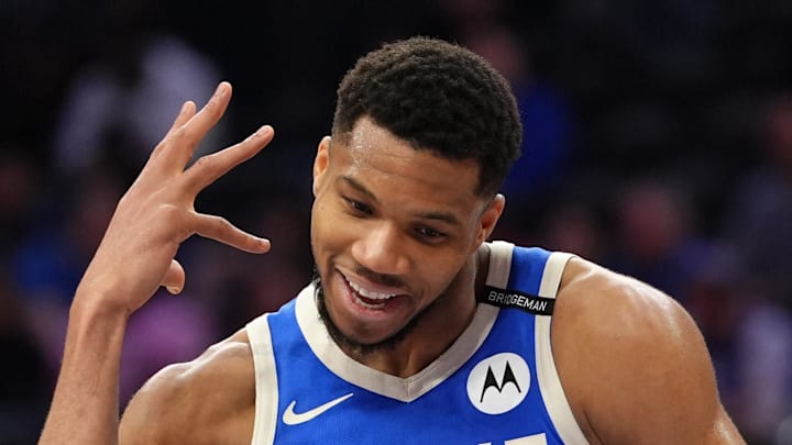 Milwaukee Bucks forward Giannis Antetokounmpo reacts against the Philadelphia 76ers Milwaukee Bucks forward Giannis Antetokounmpo reacts against the Philadelphia 76ers