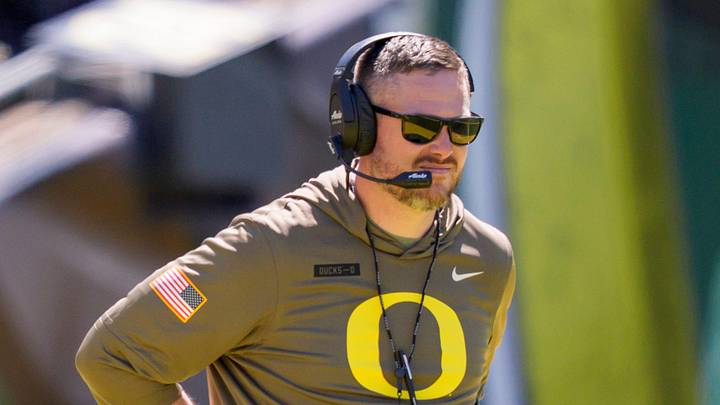 Oregon head coach Dan Lanning looks on during the Oregon Ducks annual spring game on April 25, 2026 at Autzen Stadium in Eugene, Oregon. Oregon head coach Dan Lanning looks on during the Oregon Ducks annual spring game on April 25, 2026 at Autzen Stadium in Eugene, Oregon.