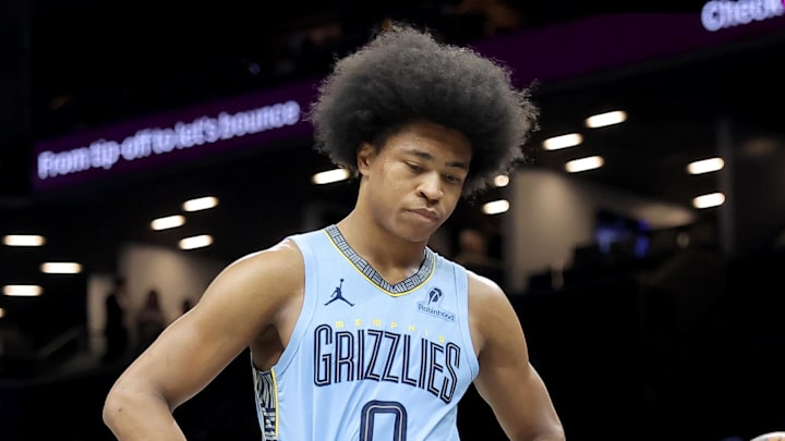Mar 9, 2026; Brooklyn, New York, USA; Memphis Grizzlies forward Jaylen Wells (0) reacts during the third quarter against the Brooklyn Nets at Barclays Center. Mandatory Credit: Brad Penner-Imagn Images