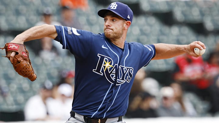 Apr 16, 2026; Chicago, Illinois, USA; Tampa Bay Rays starting pitcher Steven Matz (32) delivers a pitch against the Chicago White Sox during the second inning at Rate Field.