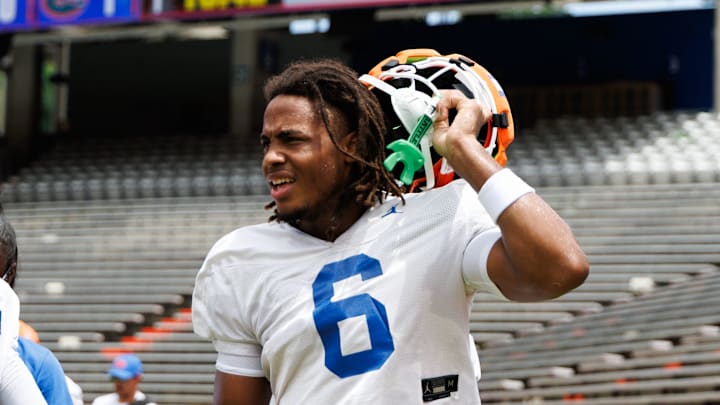 Florida Gators wide receiver Dallas Wilson (6) looks on without a helmet during fall football practice at Ben Hill Griffin Stadium at the University of Florida in Gainesville, FL on Saturday, August 2, 2025. Florida Gators wide receiver Dallas Wilson (6) looks on without a helmet during fall football practice at Ben Hill Griffin Stadium at the University of Florida in Gainesville, FL on Saturday, August 2, 2025.