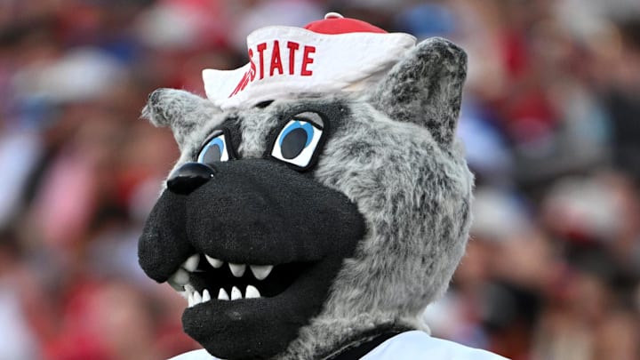 Sep 20, 2025; Durham, North Carolina, USA;  NC State Wolfpack's Mr. Wuf during the game against the Duke Blue Devils at Wallace Wade Stadium. Mandatory Credit: Zachary Taft-Imagn Images