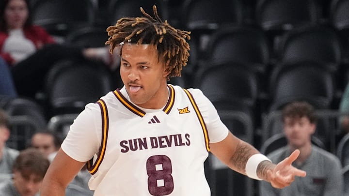 ASU Sun Devils forward Marcus Adams Jr. (8) celebrates his 3-point shot against the Oklahoma Sooners at Mortgage Matchup Center on Dec. 6, 2025, in Phoenix, Arizona.