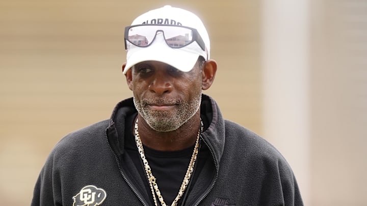 Oct 11, 2025; Boulder, Colorado, USA; Colorado Buffaloes head coach Deion Sanders before the game against the Iowa State Cyclones at Folsom Field. Mandatory Credit: Ron Chenoy-Imagn Images
