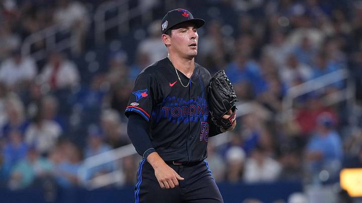 Jul 17, 2026; Toronto, Ontario, CAN; Toronto Blue Jays relief pitcher CJ Van Eyk (58) walks to the dugout against the Chicago White Sox in his MLB debut during the ninth inning at Rogers Centre. Mandatory Credit: Nick Turchiaro-Imagn Images