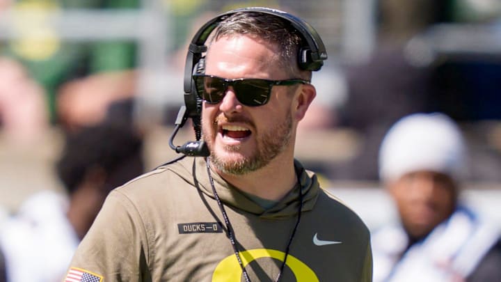 Oregon head coach Dan Lanning walks the field during the Oregon Ducks annual spring game on April 25, 2026 at Autzen Stadium in Eugene, Oregon.