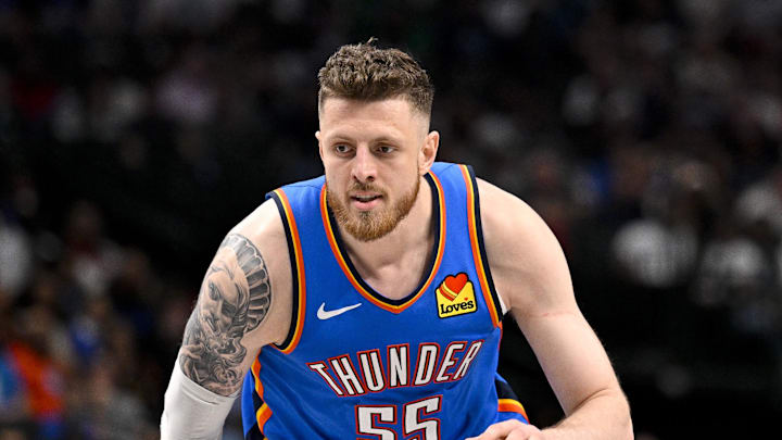 Mar 1, 2026; Dallas, Texas, USA; Oklahoma City Thunder center Isaiah Hartenstein (55) controls the ball during the game between the Mavericks and the Thunder at American Airlines Center. Mandatory Credit: Jerome Miron-Imagn Images Mar 1, 2026; Dallas, Texas, USA; Oklahoma City Thunder center Isaiah Hartenstein (55) controls the ball during the game between the Mavericks and the Thunder at American Airlines Center. Mandatory Credit: Jerome Miron-Imagn Images