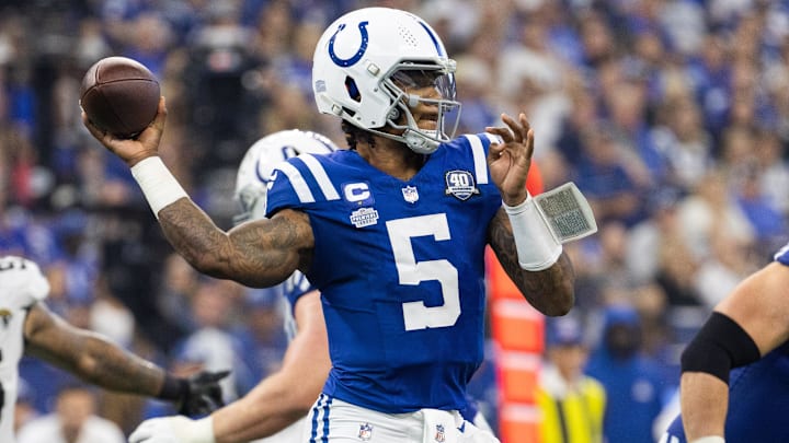 Sep 10, 2023; Indianapolis, Indiana, USA; Indianapolis Colts quarterback Anthony Richardson (5) passes the ball  in the second half against the Jacksonville Jaguars at Lucas Oil Stadium. Mandatory Credit: Trevor Ruszkowski-Imagn Images