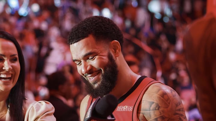 Dec 1, 2024; Houston, Texas, USA; Houston Rockets guard Fred VanVleet (5) is interviewed after the game against the Oklahoma City Thunder at Toyota Center. Mandatory Credit: Troy Taormina-Imagn Images