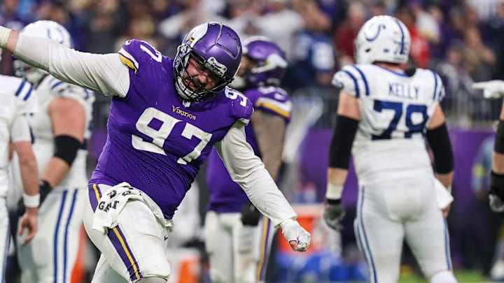 Dec 17, 2022; Minneapolis, Minnesota, USA; Minnesota Vikings defensive tackle Harrison Phillips (97) reacts to a stop during the fourth quarter against the Indianapolis Colts at U.S. Bank Stadium.