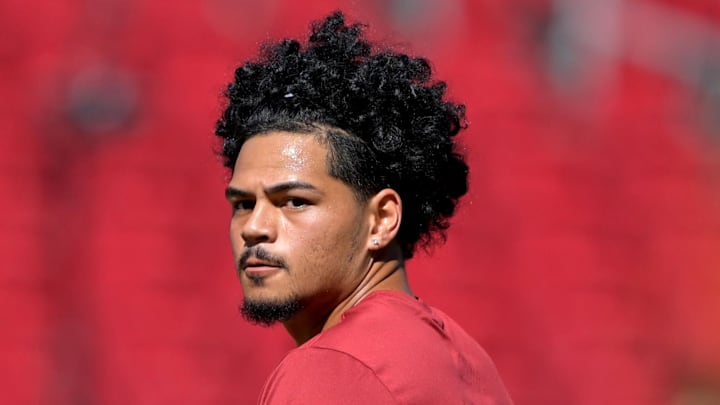 Sep 6, 2025; Los Angeles, California, USA;  USC Trojans quarterback Jayden Maiava (14) warms up prior to the game against the Georgia Southern Eagles at United Airlines Field at Los Angeles Memorial Coliseum. Mandatory Credit: Jayne Kamin-Oncea-Imagn Images
