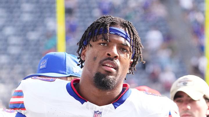 Sep 14, 2025; East Rutherford, New Jersey, USA;  Buffalo Bills defensive end Greg Rousseau (50) after the game against the New York Jets at MetLife Stadium. Mandatory Credit: Robert Deutsch-Imagn Images