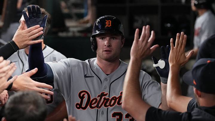 Detroit Tigers third baseman Colt Keith (33) is greeted in the dugout after hitting a solo home run. Detroit Tigers third baseman Colt Keith (33) is greeted in the dugout after hitting a solo home run.
