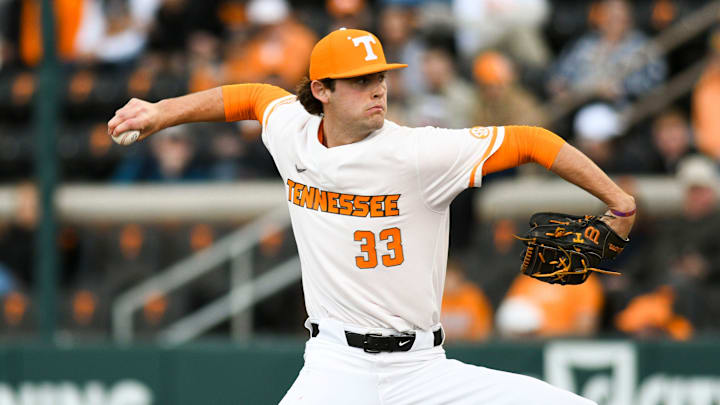 Tennessee's AJ Russell (33) pitches during a game between Tennessee and Albany, at the Lindsey Nelson Stadium, Friday, Feb. 23, 2024. Tennessee's AJ Russell (33) pitches during a game between Tennessee and Albany, at the Lindsey Nelson Stadium, Friday, Feb. 23, 2024.