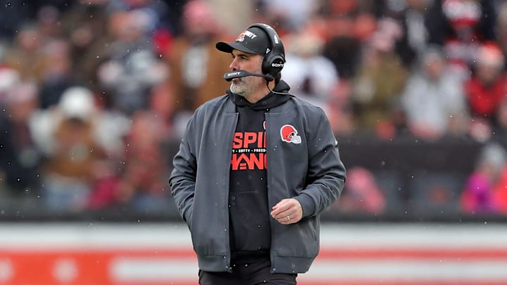 Cleveland Browns head coach Kevin Stefanski paces the sideline during the first half of a game against the Tennessee Titans.
