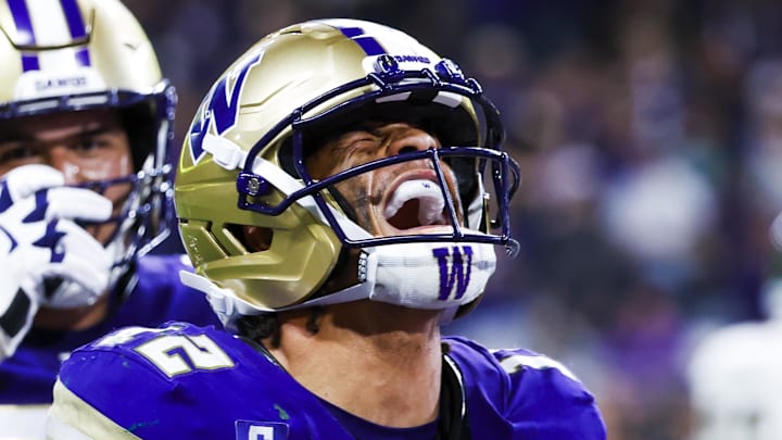 Aug 30, 2025; Seattle, Washington, USA; Washington Huskies wide receiver Denzel Boston (12) celebrates after catching a touchdown pass against the Colorado State Rams during the third quarter at Husky Stadium. Mandatory Credit: Joe Nicholson-Imagn Images Aug 30, 2025; Seattle, Washington, USA; Washington Huskies wide receiver Denzel Boston (12) celebrates after catching a touchdown pass against the Colorado State Rams during the third quarter at Husky Stadium. Mandatory Credit: Joe Nicholson-Imagn Images