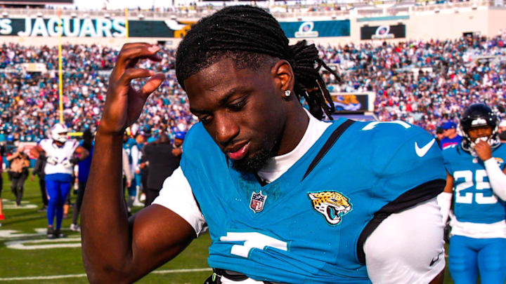 Jacksonville Jaguars wide receiver Brian Thomas Jr. (7) walks off the field after losing to the Bills during an NFL football AFC Wild Card playoff matchup, Sunday, Jan. 11, 2026, in Jacksonville, Fla. Bills lead 10-7 at the half over the Jaguars. The Bills defeated the Jaguars 27-24. [Doug Engle/Florida Times-Union]
