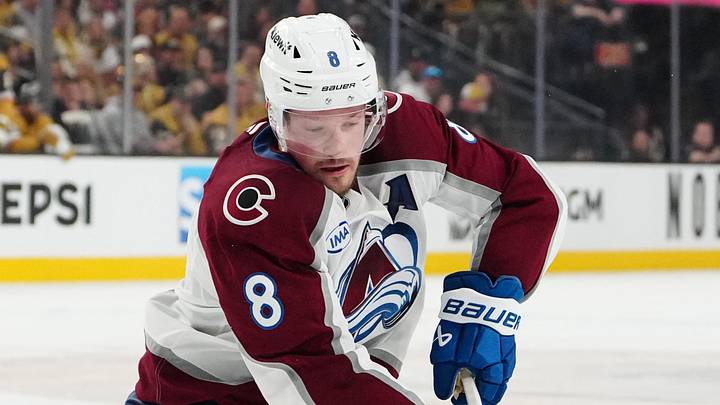 May 26, 2026; Las Vegas, Nevada, USA; Colorado Avalanche defenseman Cale Makar (8) controls the puck  during the second period against the Vegas Golden Knights in game four of the Western Conference Final of the 2026 Stanley Cup Playoffs at T-Mobile Arena. Mandatory Credit: Stephen R. Sylvanie-Imagn Images