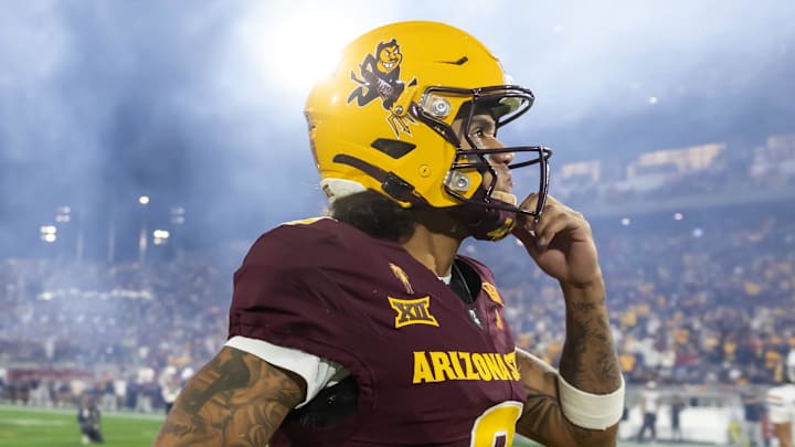 Nov 28, 2025; Tempe, Arizona, USA; Arizona State Sun Devils wide receiver Jordyn Tyson (0) against the Arizona Wildcats during the 99th Territorial Cup at Mountain America Stadium. Mandatory Credit: Mark J. Rebilas-Imagn Images