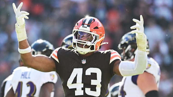 Oct 27, 2024; Cleveland, Ohio, USA; Cleveland Browns linebacker Mohamoud Diabate (43) celebrates after a sack during the second half against the Baltimore Ravens at Huntington Bank Field. Mandatory Credit: Ken Blaze-Imagn Images