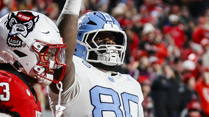 Nov 29, 2025; Raleigh, North Carolina, USA; North Carolina Tar Heels tight end Jordan Owens (80) celebrates a touchdown during the second half of the game against NC State Wolfpack at Carter-Finley Stadium. Mandatory Credit: Jaylynn Nash-Imagn Images Nov 29, 2025; Raleigh, North Carolina, USA; North Carolina Tar Heels tight end Jordan Owens (80) celebrates a touchdown during the second half of the game against NC State Wolfpack at Carter-Finley Stadium. Mandatory Credit: Jaylynn Nash-Imagn Images