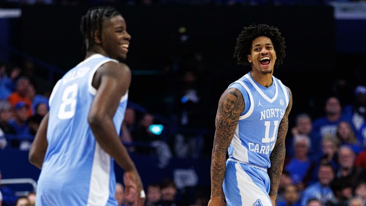 Dec 2, 2025; Lexington, Kentucky, USA; North Carolina Tar Heels forward Jonathan Powell (11) celebrates a three point basket during the first half against the Kentucky Wildcats at Rupp Arena at Central Bank Center. Mandatory Credit: Jordan Prather-Imagn Images