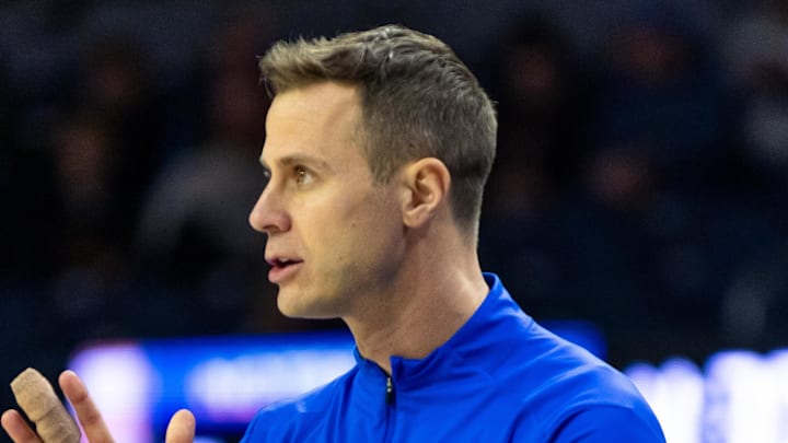 Feb 24, 2026; South Bend, Indiana, USA; Duke Blue Devils head coach Jon Scheyer claps against the Notre Dame Fighting Irish during the second half at Purcell Pavilion at the Joyce Center. Mandatory Credit: Michael Caterina-Imagn Images