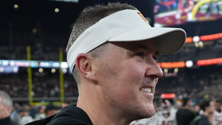 Dec 27, 2024; Las Vegas, NV, USA; Southern California Trojans head coach Lincoln Riley reacts after the game against the Texas A&M Aggies at Allegiant Stadium. Mandatory Credit: Kirby Lee-Imagn Images